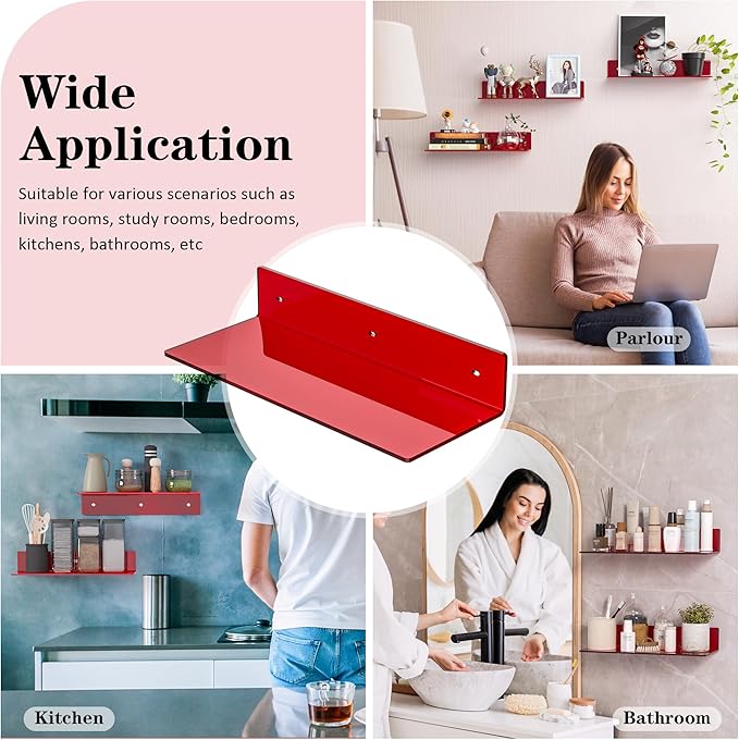 15 Inches Red Acrylic Shelves, Wall Mounted Shelves for Bedroom, Wall Display Shelves for Collectibles, Funko Pop, Speaker, Plants, 2 Pack-NeatNest
