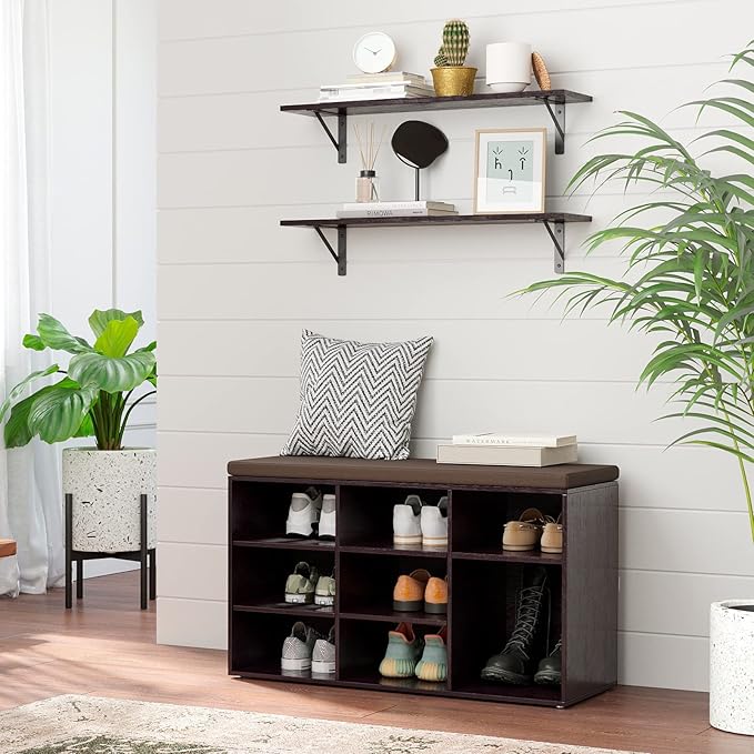 DINZI LVJ Shoe Bench, 9 Cubbies Shoe Organizer for Entryway, Storage Bench with Cushion, Cubby Shoe Rack with Adjustable Shelves for Living Room, Bedroom, Mudroom, Hallway, Espresso-NeatNest