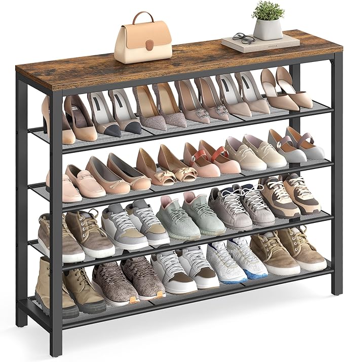 VASAGLE Shoe Rack, 5-Tier Shoe Storage Organizer with 4 Metal Mesh Shelves for 16-20 Pairs and Large Surface for Bags, for Entryway, Hallway, Closet, Industrial, Rustic Brown and Black ULBS15BX-NeatNest