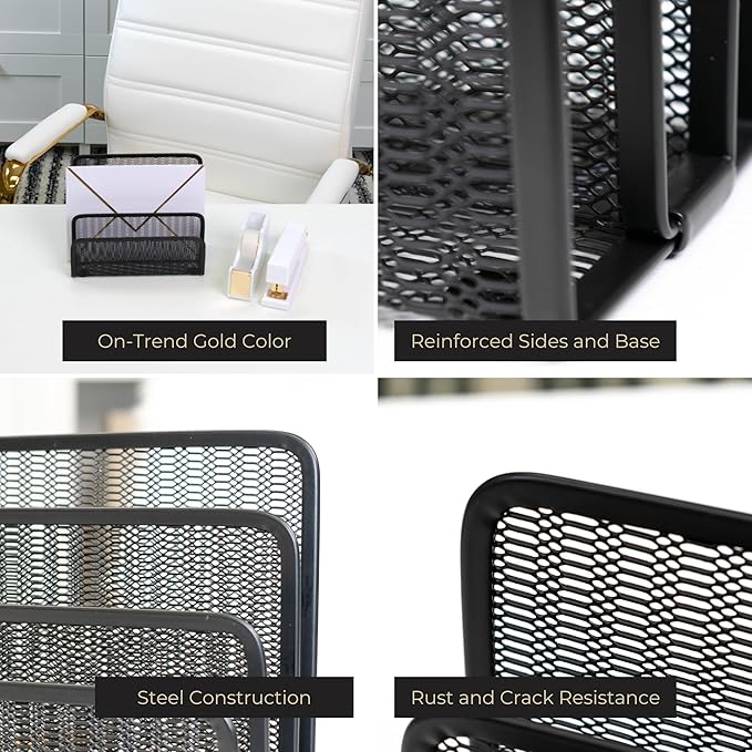 BLU MONACO Black Metal Mesh Letter Sorter – 3-Slot Mail Organizer for Desk, Office & Home – Space-Saving Vertical Mail Holder for Envelopes, Documents & Files – Sleek Desk Organizer