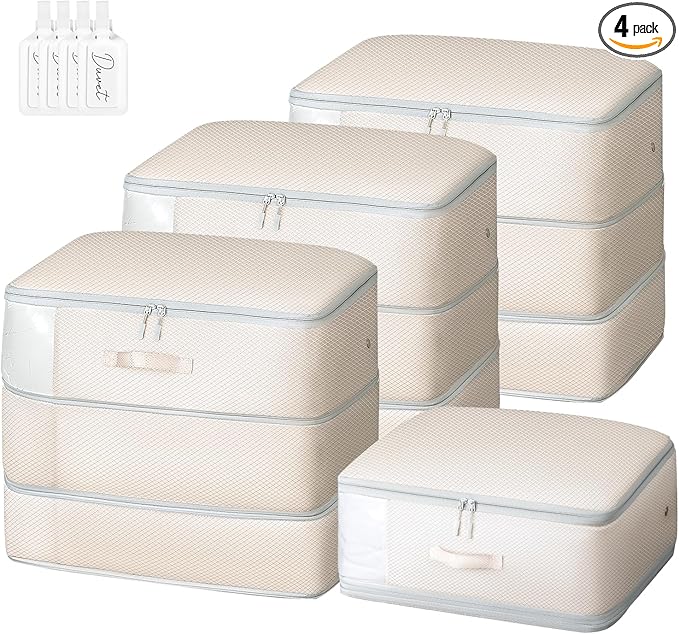 Comforter Storage Bag - Large Capacity Blanket Storage Bags 3-Layer Ultra Space Saving Self Compression Organizer, Washable Compression Bags for Storage Comforter Blanket, 4-Pack, Beige-NeatNest