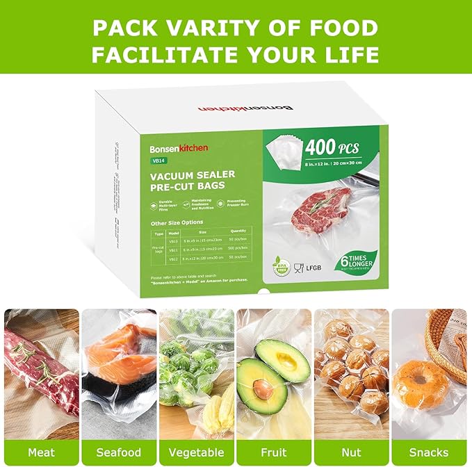 Bonsenkitchen Vacuum Sealer Bags,400 Quart 8" x 12" Precut Food Sealer Bags, Commercial Grade, BPA Free, Heavy Duty, Customized Size Vacuum Bags for Vac Storage, Meal Prep or Sous Vide Cooking, VB14-NeatNest