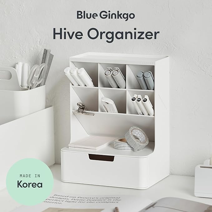 BLUE GINKGO Hive Desk Organizer – Vertical 6-Compartment, Full-drawer Storage – Space-Saving Pen Holder, Stationery Storage – Organizer for Office, School Supplies, Makeup (Made in Korea, White)-NeatNest