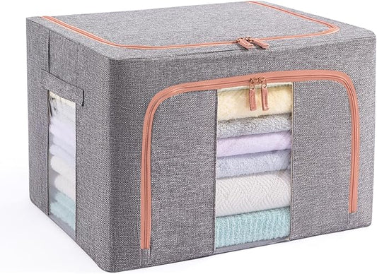100L Stackable Clothes Storage Bins with Metal Frame Handles & Zipper, Collapsible Closet Organizer Box with Lid for Bedding Blankets Towel (Grey,1 pack)-NeatNest
