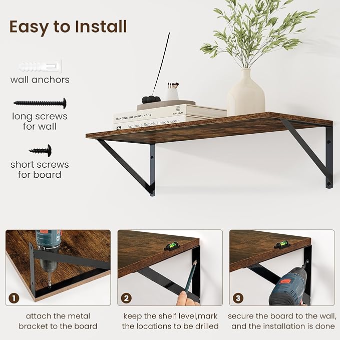 Fun Memories Deep Floating Shelves for Wall, 24W x 8D Wall Mounted Shelves Set of 2, Wide Display Ledge Shelf with Sturdy Metal Brackets for Living Room, Bathroom, Bedroom and Kitchen, Rustic Brown-NeatNest