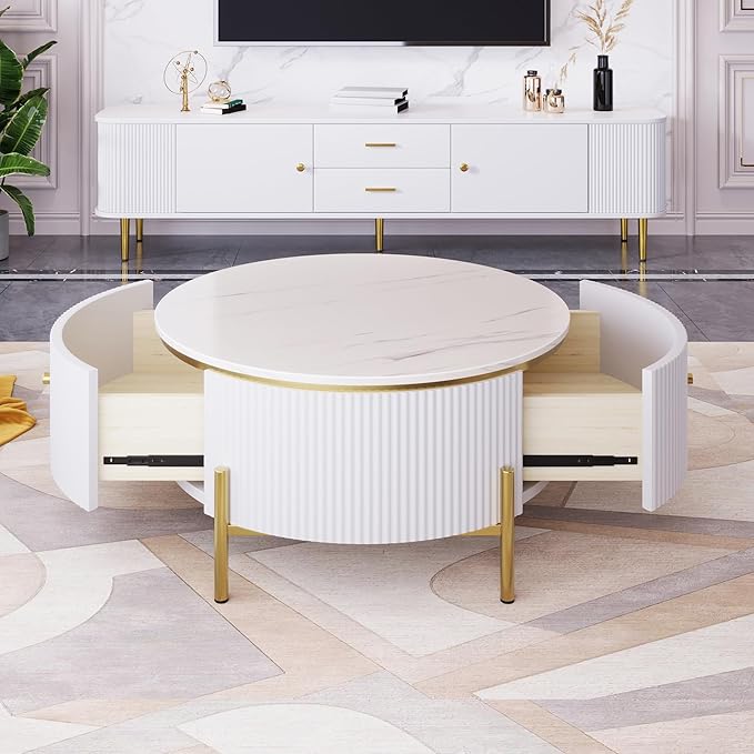 31.5" Round Coffee Table, Modern Coffee Table with 2 Large Drawers Storage, Marble Pattern Table Top, Accent Center Table for Living Room, White