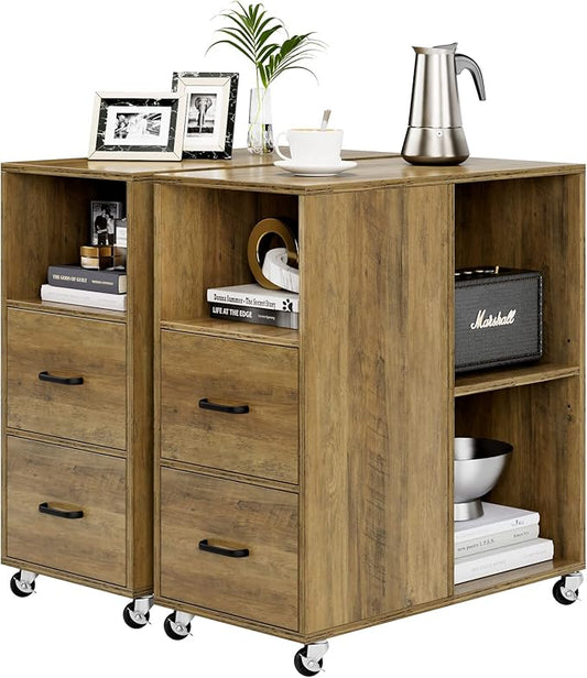 HOSTACK End Side Table, Narrow Nightstand with Storage Drawers and Adjustable Shelf, Rolling Bedside Table for Bedroom, Living Room, Home Office, Rustic Brown, Set of 2