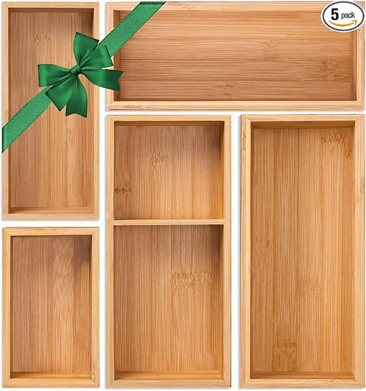 Bamboo Drawer Organizer 5 Pcs for Kitchen Multi-purpose Storage Dividers for Kitchen, Office, Jewelry, Cosmetics, Wooden Drawer Dividers for Drawer Organizer Desk Organizer Gift for Women Gifts Idea-NeatNest