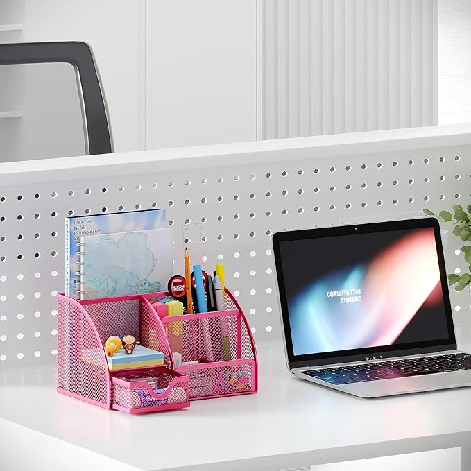 EasyPAG Mesh Desk Organizer, Multi-functional Stationery Organizer for School Supplies, Office Pen Holder for Desk, 6 Compartments Dorm Organization with Drawer, Pink