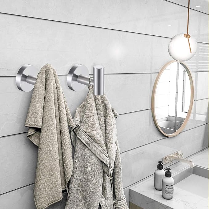 2 Pack Silver Bathroom Towel Hooks Robe Hook Holder Wall Mount Heavy Duty Wall Hooks Coat Hook Closet Door for Bathroom Bedroom Hotel Kitchen Garage Pool