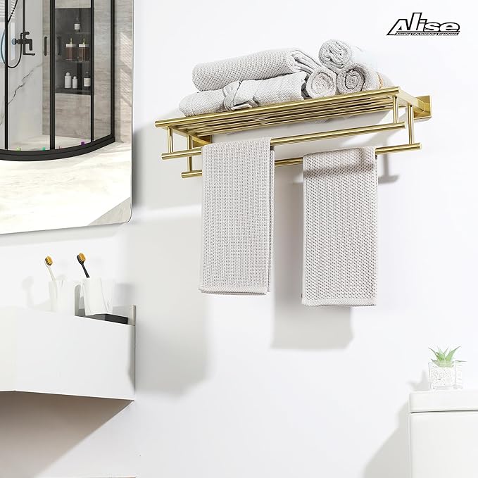 Alise Double Towel Rack for Bathroom,24 in Bathroom Tower Holder Towel Shelf with Double Towel Bars Wall Mount,SUS304 Stainless Steel Towel Hanger Double Tower Bar for Bathroom Wall,Brushed Gold