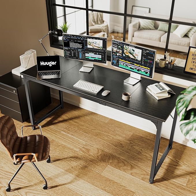 Huuger Modern Simple Office Desk, 63 Inch, Gaming & Writing Desk with Storage, Large Legroom, Metal Frame, Black-NeatNest