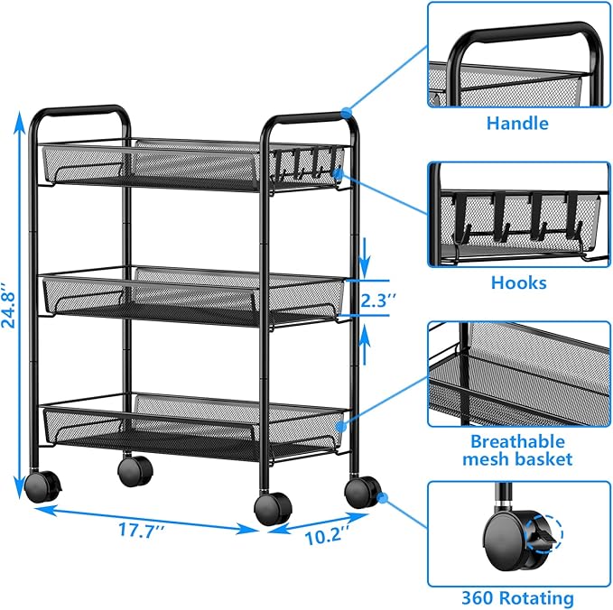 OVICAR Mesh Wire 3 Tier Rolling Cart, Kitchen Storage Utility Cart, Multifunction Basket Stand for Bathroom, Full Metal Storage Art Trolley Carts with Wheels & 4 Side Hooks (Black)