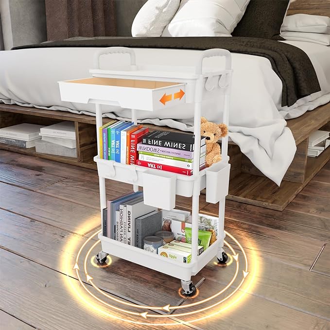 3 Tier Rolling Utility Cart with Drawer,REBECAT Utility Cart Made of Multifunctional Storage Organizer Tool for Kitchen,Bathroom,Living Room,Office(White)-NeatNest