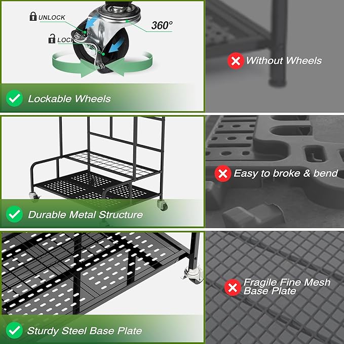 Garden Tool Organizer Rack with Wheels Up to 39 Tools, Heavy-Duty Steel Yard Tool Organizer for Garage Storage with 12 Hooks, Broom Holder & Garden Tool Rack for Shed, Patio, Outdoor Use, Black