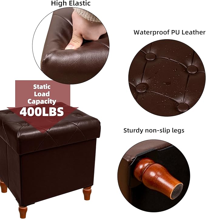 CAROLMADE Folding Storage Ottoman Cube PU Leather Footstool with Wood Legs Ottoman Footrest for Living Room and Bedroom Brown, 15x12.6 x 15.4”-NeatNest