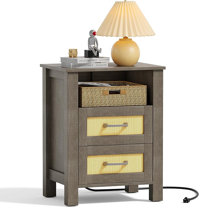 JUMMICO 26.18" End Table with Charging Station and Rattan Drawers, Farmhouse Nighstand, Wooden Storage Bedside Table, Living Room, Bedroom(1,Vintage Gray)