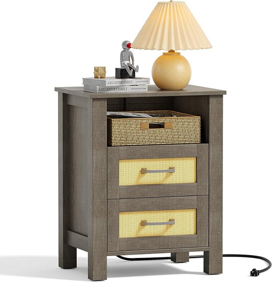 JUMMICO 26.18" End Table with Charging Station and Rattan Drawers, Farmhouse Nighstand, Wooden Storage Bedside Table, Living Room, Bedroom(1,Vintage Gray)