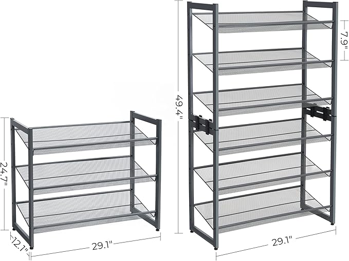 SONGMICS Shoe Rack, 3-Tier Shoe Organizer, Metal Shoe Storage for Garage, Stackable Shoe Shelf, with Adjustable Flat or Angled Shelves, 9-12 Pairs, Charcoal Gray ULMR03GB-NeatNest