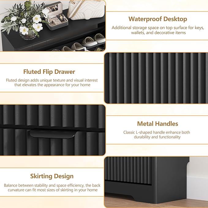 Shoe Cabinet Storage for Entryway with 3 Flip Drawers, Black Fluted Shoe Cabinet with Adjustable Shelves, Wooden Hidden Shoe Rack Freestanding Narrow Slim Shoes Storage for Hallway, Entrance