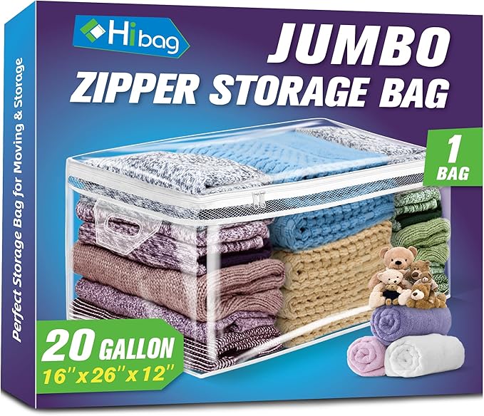 HIBAG 20 Gallon Large Storage Bag for Clothes, Zipper Clothing Storage Bag, Clear Organizer with Reinforced Handles, for Comforters Blankets Pillows Bedding (1 Pack)-NeatNest