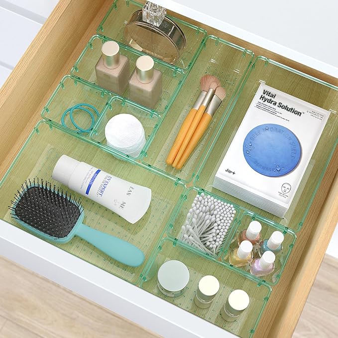 7 PCS Clear Plastic Drawer Organizers Set, 4 Size Desk Drawer Organizer Trays for Makeup, Jewelry, Kitchen Utensils, Gadgets and Office Accessories, Sea Blue-NeatNest