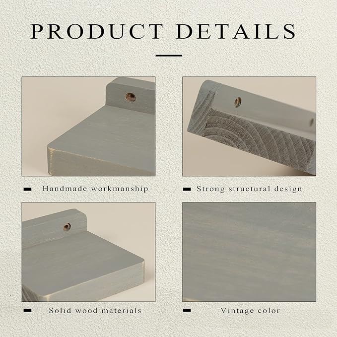 Freezing point Small Floating Shelf for Wall Set of 4 Natural Wood 4Inch Mini Wall Shelves Decor Plant Display Collectibles Mounted Kitchen Bathroom Bedroom Corner Decorative Storage Tiny Stand Grey-NeatNest