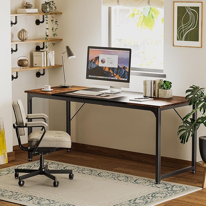 Huuger Computer Desk, 70 Inch Office Desk, Gaming Desk with Storage, Writing Desk Work Desk for Home Office, Study, Long Simple Desk, Large Legroom, Metal Frame, Rustic Brown and Black-NeatNest