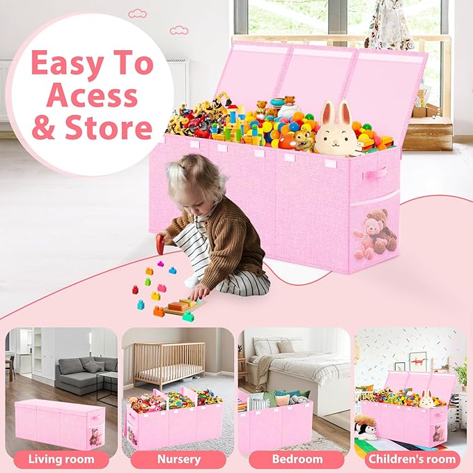 Extra Large Toy Storage Box with Lid Divider, Sturdy Collapsible Toys Organizer Chest Kids Storage Bins Boxes Baskets for Boys, Girls, Nursery, Bedroom, Living Room, Playroom, 40"x14"x16", Pink
