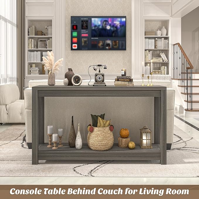 47" Farmhouse Wood Entryway Table Narrow Console Table with Storage Behind Couch Sofa Table with Shelves Entry Way Table with Open Storage, Easy Assembly, Grey Walnut-NeatNest