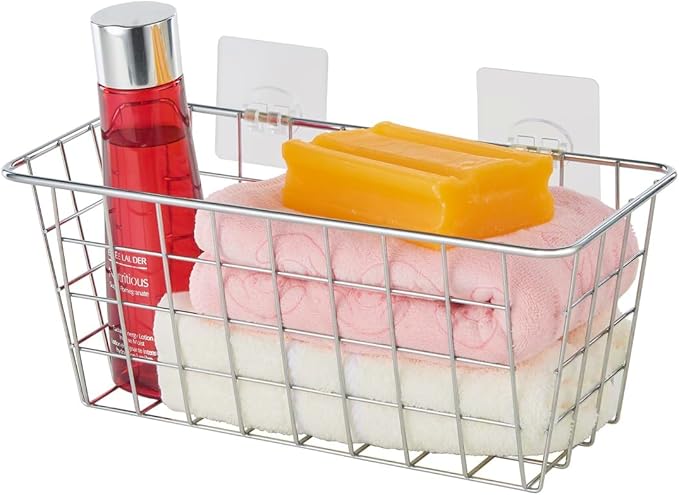 5 Pack Hanging Storage Basket, Bathroom Basket, Household Goods, with Traceless Tape, no Drilling, for Cabinet Storage, Kitchen, Bathroom, Storage Room,Chrome