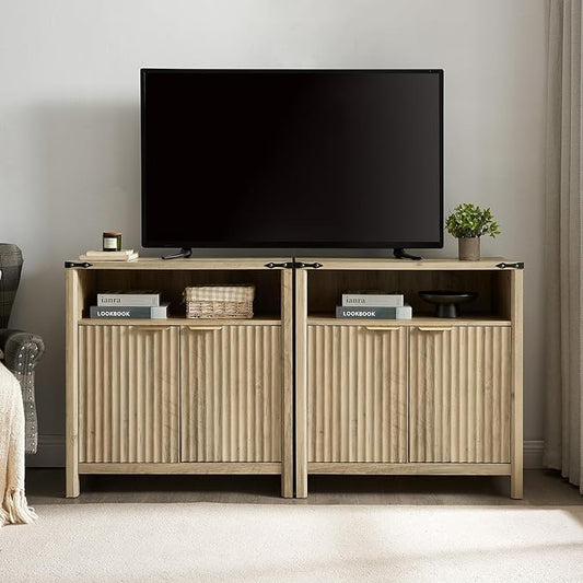 32 Inch Fluted Sideboard Buffet Cabinet with Storage, Modern Farmhouse Accent Credenza with Adjustable Shelves, Coffee Wine Bar for Kitchen, Living Room (Sunwashed Ash Oak, Set of 2)