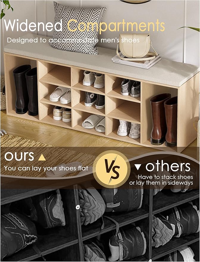 DINZI LVJ Shoe Storage Bench with Cushion, 13-Cubby Shoe Rack, Adjustable Shelves, Multifunctional Shoe Organizer Bench for Entryway, Mudroom, Hallway, Living Room, Bedroom and Garage, Natural-NeatNest