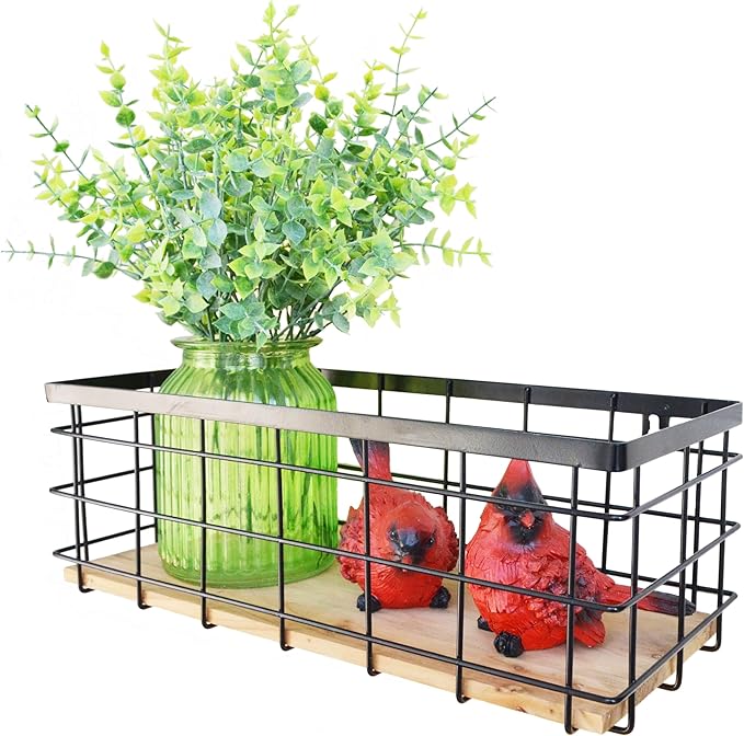 Metal Wire Basket Detachable Wood Base Storage Organizer Farmhouse Bin for Kitchen Cabinets, Bathroom, Pantry, Laundry Room, Closets，1 Pack in Black Color,Size Big