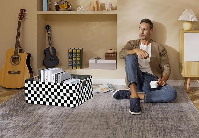 Checkered Storage Basket Foldable Nursey Box | 16.9" Storage Cube for Women Closet Organizer Boys Car Toys Bins with Handles | Sturdy Cardboard & Washable Fabric 2Pack-NeatNest