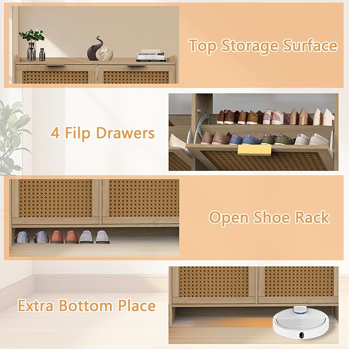 Hidden Shoe Storage Cabinets with 2 Flip Drawers and Metal Legs, Freestanding Narrow Shoe Organizer Rack for Entryway, Natural-NeatNest