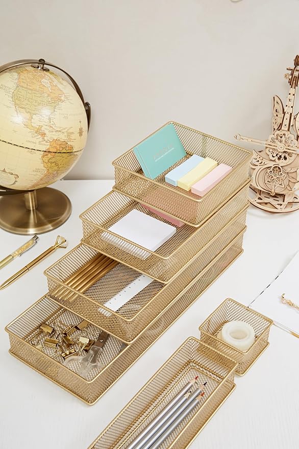Annova Mesh Stackable Drawer Cabinet and Shelf Organizer Bins Storage Basket School Office Supply Holder Tray- Set of 2 (Gold, 3x12x2 Inch)-NeatNest