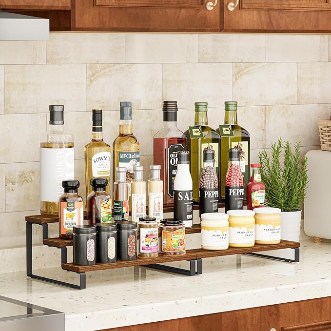 Giikin 3-Tier Spice Rack, 13.8 Inch Wood Countertop Spice Storage Holder, Kitchen Pantry Cabinet Organizer Cupboard for Spice Bottles, Jars, Seasonings, Baking Supplies, Metal Frame(Set of 2)-NeatNest