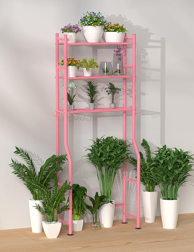3-Tier Over The Toilet Storage, Freestanding Metal Bathroom Shelves with 4 Hooks, Over Toilet Storage Shelf with Paper Holder, Above The Toilet Shelf for Bathroom Storage, Pink-NeatNest