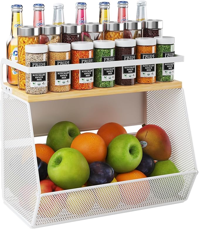 Magnetic Shelf for Fridge with Wide & Thick Magnet, 1 Pack Refrigerator Organizer Basket with Bamboo Top, Storage for Fruit, Potato, Onion, Kitchen, Pantry, Laundry (White, 13.8" x 6.8" x 11.8")