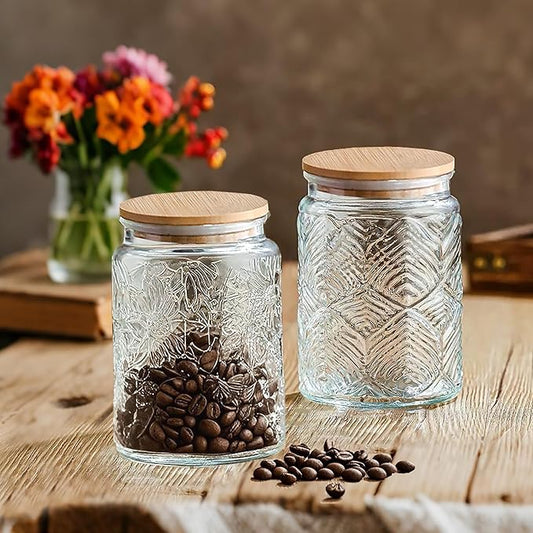 2 Pack Glass Storage Jar with Bamboo Lid, 23.7 FL Oz Kitchen Glass Food Storage Containers for Candy, Coffee Tea Beans, Oats,Flour, Grains