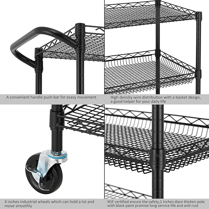Finnhomy 3 Tier Heavy Duty Commercial Grade Utility Cart, Wire Rolling Metal Trolley with Handle Bar, Steel Kitchen Service Cart with Wheels, Food Storage Trolley on Wheels, NSF Listed, Black