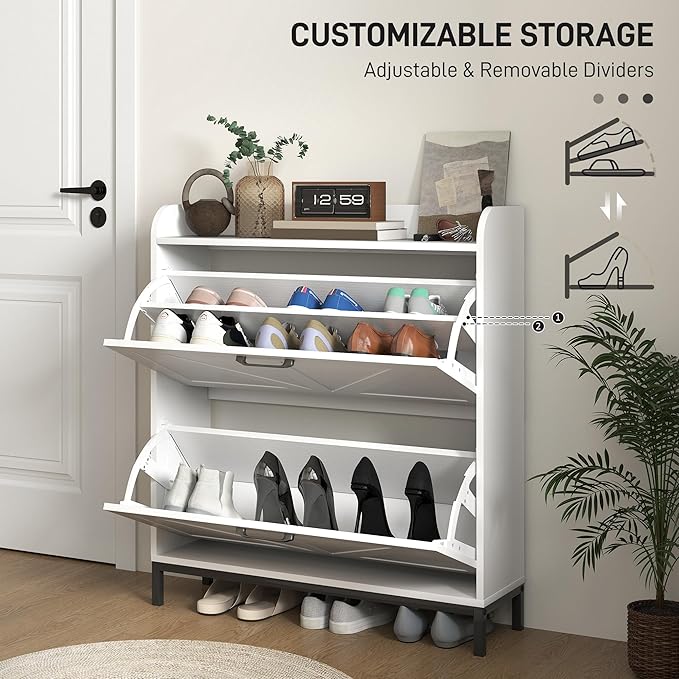 HOMCOM Shoe Storage Cabinet with 2 Flip Drawers, Legs, Farmhouse Freestanding Narrow Shoe Cabinet, Slim Hidden Rack Organizer for Entryway, Hallway, White Wood Grain-NeatNest
