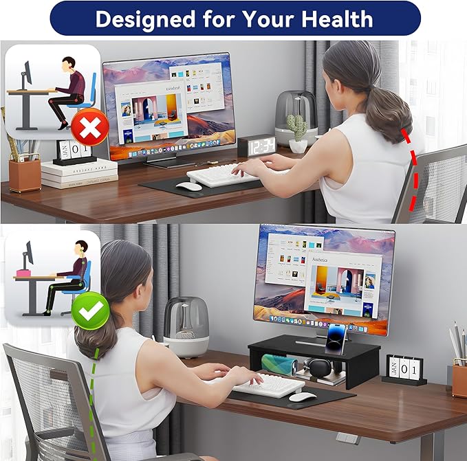 21" Monitor Stand Riser with LED Lights and Phone Holder, Monitor Stand for Desk, Computer Monitor Stand, Desk Shelf for Top of Desk, Desktop Organizer for Laptop, Printer, TV