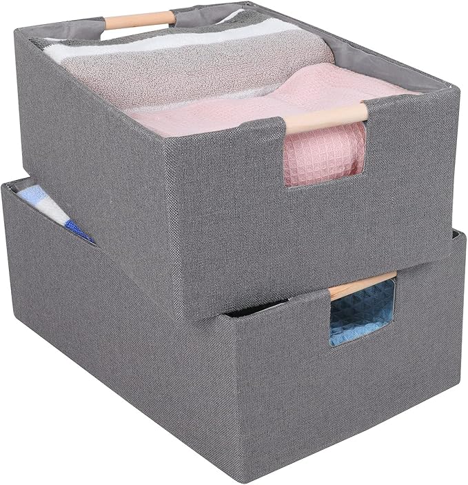 ANMINY 2PCS Storage Baskets for Organizing Collapsible Fabric Storage Bins Boxes with Wood Handles Closet Shelves Cube Organizer Bins Clothes Laundry Storage Container - Large, Gray-NeatNest
