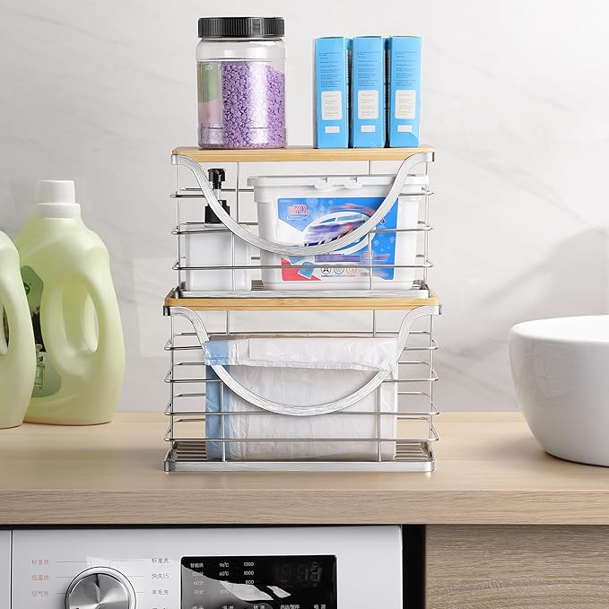 Extra Large Trash Bag Holder Stackable Kitchen Storage Slive, 2 Pack Wall Mounted Pantry Organizers and Storage with Bamboo Top, Garbage Bag Dispenser Under Sink for Laundry Room and Kitchen-NeatNest