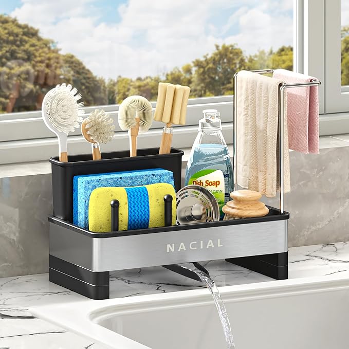 Nacial Kitchen Sink Caddy Organzier with High Brush Holder, Sponge Holder for Kitchen Sink with Two Towel Racks & Soap Dispenser- Rustproof 304 Stainless Steel Kitchen Countertop Storage Essentials-NeatNest