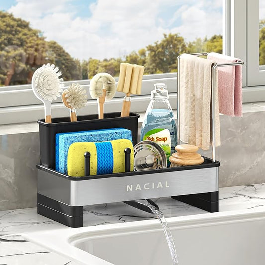 Nacial Kitchen Sink Caddy Organzier with High Brush Holder, Sponge Holder for Kitchen Sink with Two Towel Racks & Soap Dispenser- Rustproof 304 Stainless Steel Kitchen Countertop Storage Essentials-NeatNest