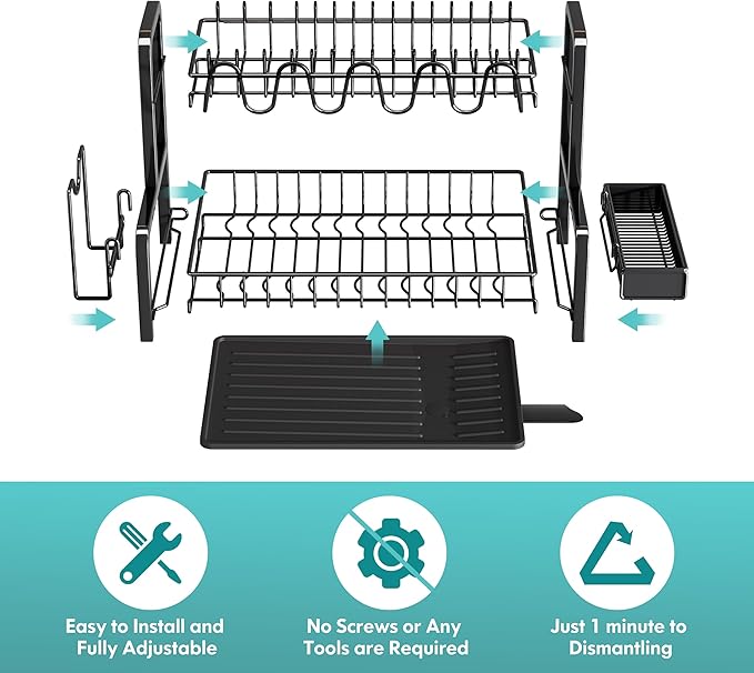 BOOSINY Dish Drying Rack and Drainboard Set for Kitchen Counter, 2 Tier Large Stainless Steel Sink Organizer Dish Racks with Cups Holder, Utensil Holder, Black Dish Strainer Shelf-NeatNest