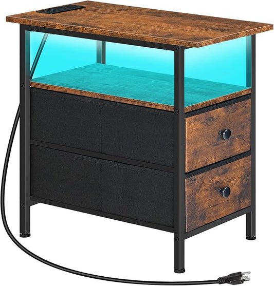HOOBRO Narrow Side Table with LED Light and USB C Port, Night Stand with Charging Station, Skinny End Table with 2 Fabric Drawers, for Bedroom, Living Room, Rustic Brown and Black BF486UDBZ01